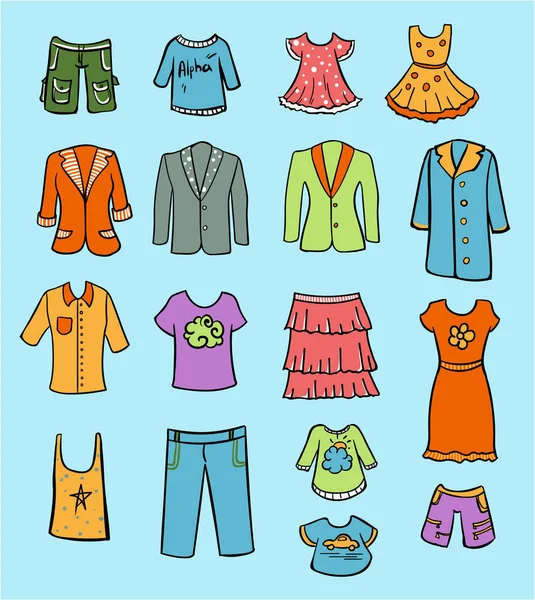 Conjunto de ropa de familia de colores Doodle — Vector de stock