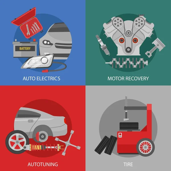 Composición cuadrada profesional plana de la reparación del coche — Archivo Imágenes Vectoriales