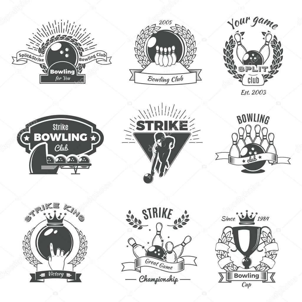 Bowling monochrome vintage style emblems of clubs and championship with balls skittles laurel wreaths isolated vector illustration
