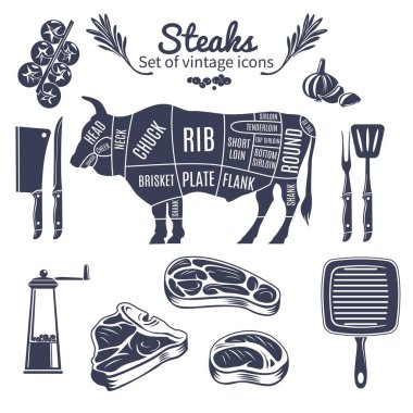 Biftek Vintage tarzı Icons Set