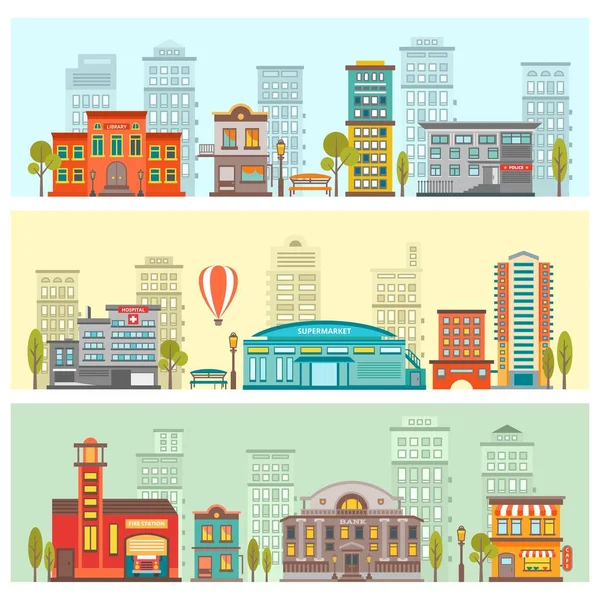 Banners horizontales de paisaje urbano colorido — Vector de stock