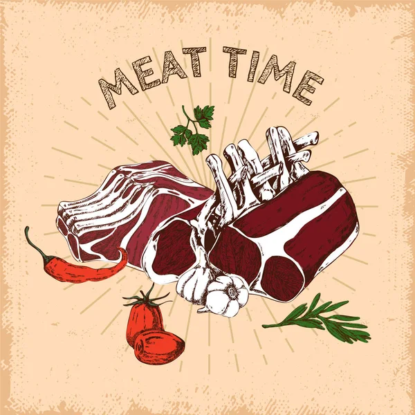 Meat Time Hand Drawn Design — Stock Vector