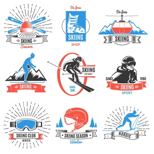 Ensemble d'étiquettes vintage ski coloré — Image vectorielle