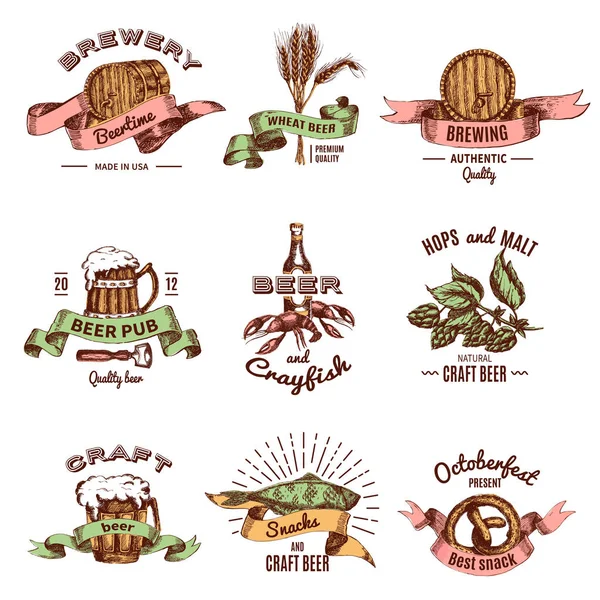 Emblemas dibujados a mano de color cerveza — Archivo Imágenes Vectoriales