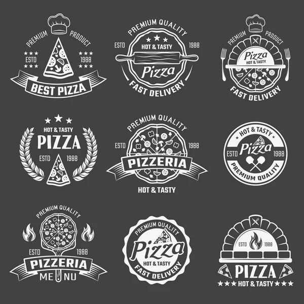 Conjunto de emblemas monocromáticos de pizza — Archivo Imágenes Vectoriales