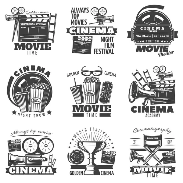 Emblemas de cine monocromo — Vector de stock