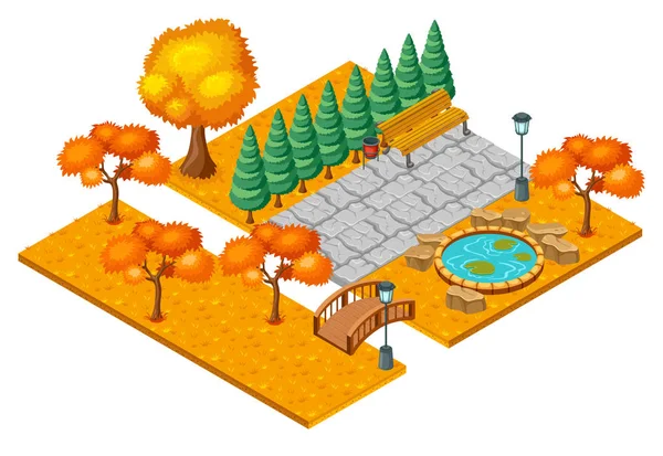 Isometric Autumn City Park Landscape Concept — Stock Vector