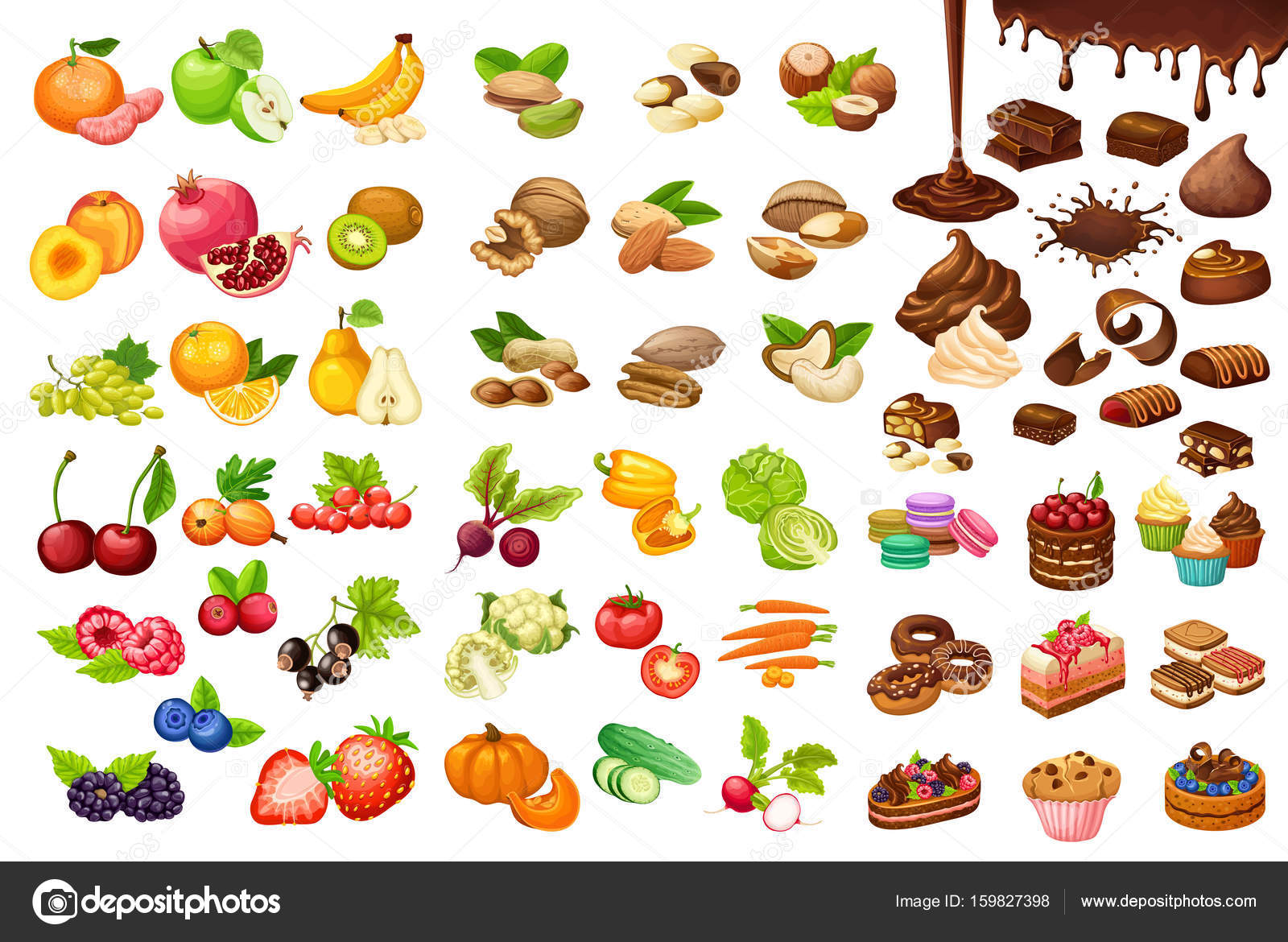 Colorato alimenti biologici e dolci con frutta bacche verdure dolci noci muffin barrette di cioccolato flussi vettore isolato illustrazione — Vettoriali di