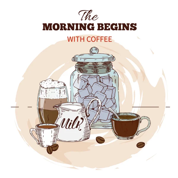 Mañana café mano dibujado redondo diseño — Vector de stock