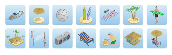 Isométrico verão praia férias ícones conjunto — Vetor de Stock