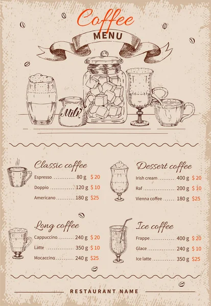 Kaffee handgezeichnete Speisekarte Restaurant — Stockvektor