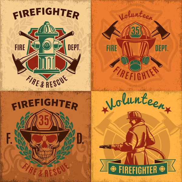 Conjunto de emblemas de extinción de incendios vintage — Vector de stock