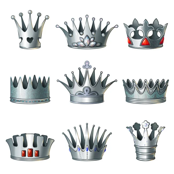 Conjunto de coroas reais de prata dos desenhos animados — Vetor de Stock