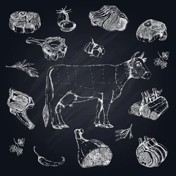 Ensemble de viande monochrome dessiné à la main — Image vectorielle