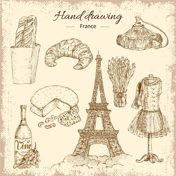 Dibujo a mano conjunto de elementos de Francia — Archivo Imágenes Vectoriales