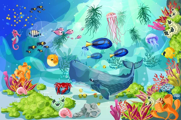 Desen animat colorat Marine Underwater Life Background — Vector de stoc