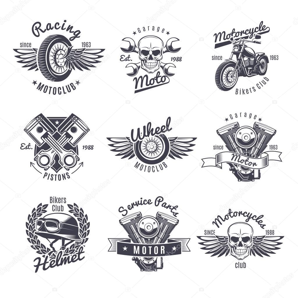 Vintage monochrome motorcycle labels set with wheel wings skull bike helmet motor crossed wrenches pistons isolated vector illustration
