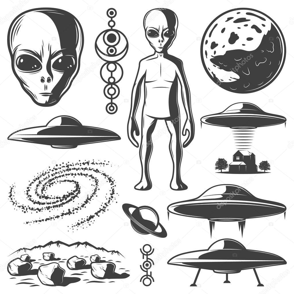 Vintage Monochrome UFO Elements Set