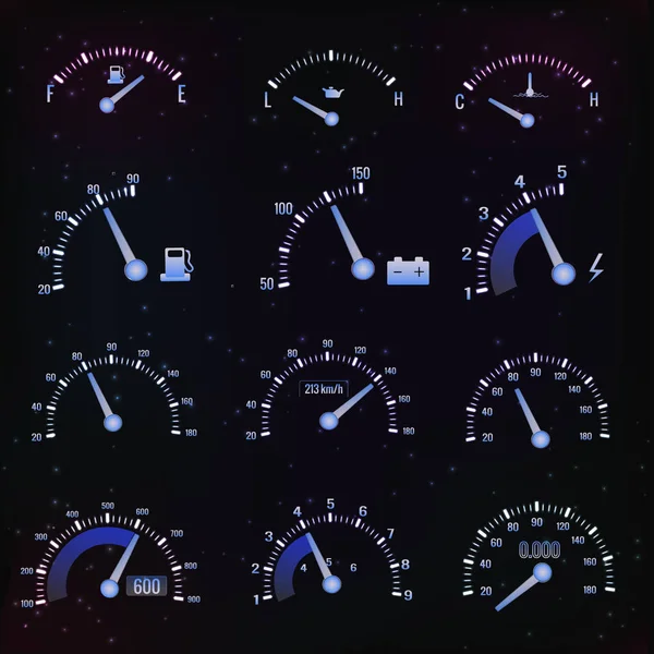 Ensemble d'icônes d'interface de compteur de vitesse sombre — Image vectorielle