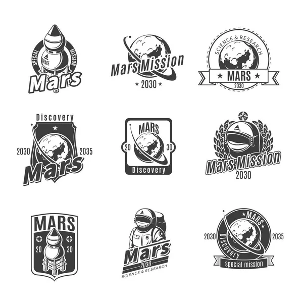 Vintage Monocromo Marte conjunto de etiquetas de investigación — Archivo Imágenes Vectoriales