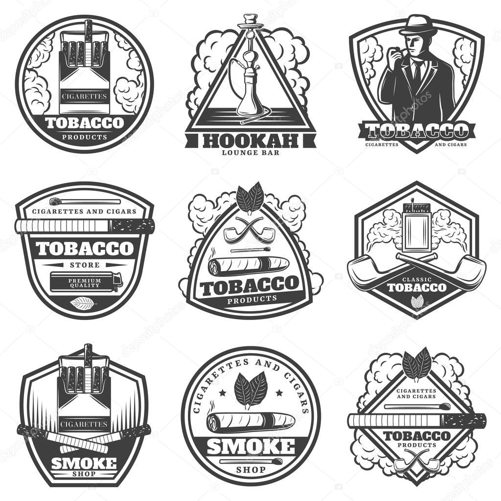 Vintage monochrome smoking labels set with man cigarettes hookah pipes matches lighter cigar tobacco leaves isolated vector illustration