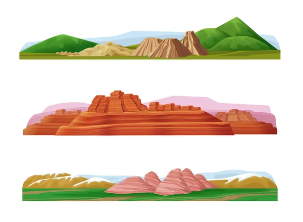Kreskówka kolorowe górskie krajobrazy zestaw — Wektor stockowy