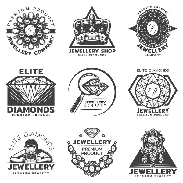 Ensemble d'étiquettes de magasin de bijoux monochromes vintage — Image vectorielle
