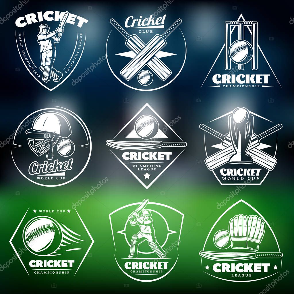 Vintage white cricket labels set with inscriptions players sport equipment wicket cup on blurred stadium background isolated vector illustration