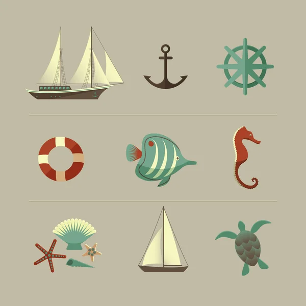 Комплект морских разноцветных иконок — стоковый вектор