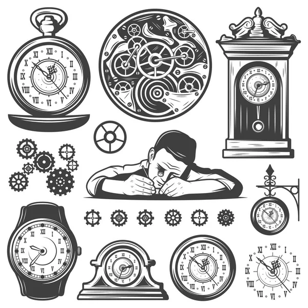 Vintage relojes monocromáticos conjunto de elementos de reparación — Vector de stock