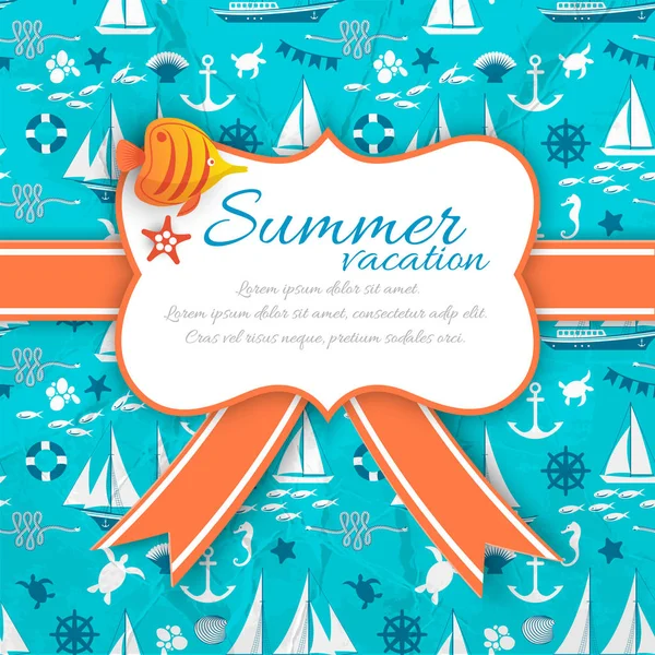 Summer Vacation Banner On Blue Nautical Background — Stock Vector