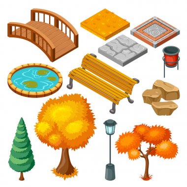 İzometrik sonbahar Park peyzaj Icons Collection