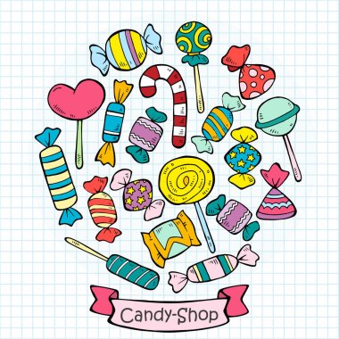 Renkli şekerler ve lolipop koleksiyonu kroki
