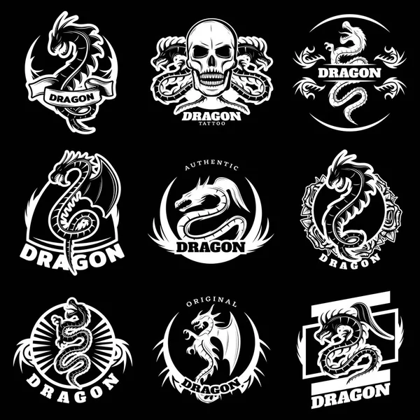 Set de etiquetas de tatuaje Dragón blanco vintage — Archivo Imágenes Vectoriales