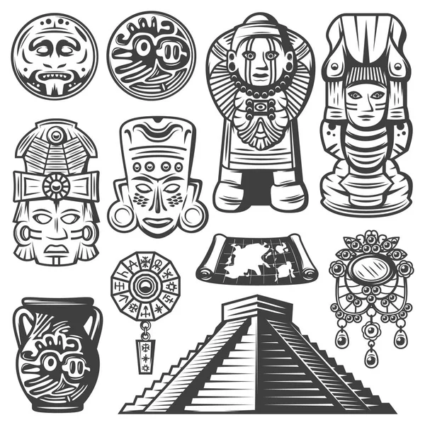 Винтажные монохромные элементы майя — стоковый вектор