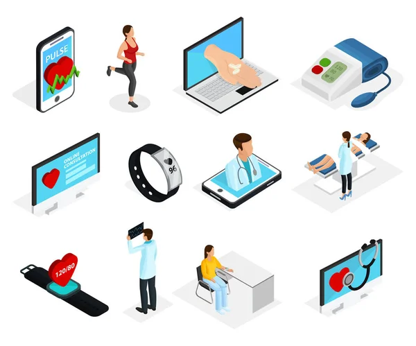 Isometric Digital Heart Monitoring Elements Set — Stock Vector