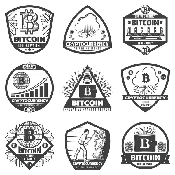 Vintage Monocromo Crypto monedas etiquetas conjunto — Vector de stock