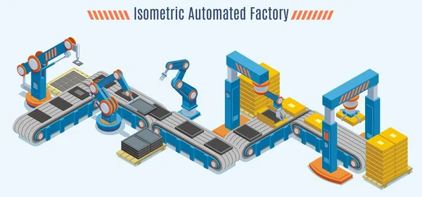 Izometryczny zautomatyzowanej linii produkcyjnej koncepcja — Wektor stockowy