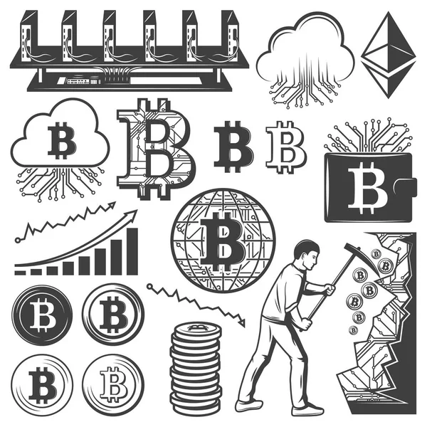 Colección de elementos de moneda Bitcoin Vintage — Vector de stock