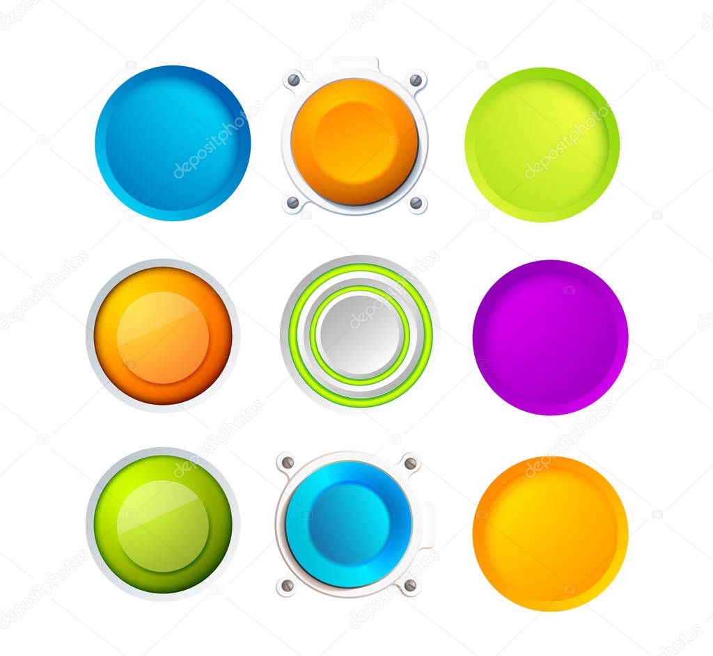 Set of nine blank colorful round buttons for website, internet or applications with eight small points around two ones vector illustration
