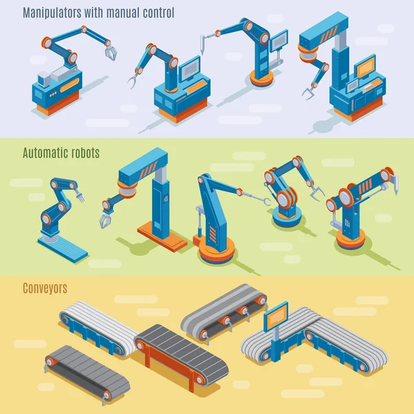 Bandiere orizzontali industriali automatizzate isometriche della fabbrica — Vettoriale Stock