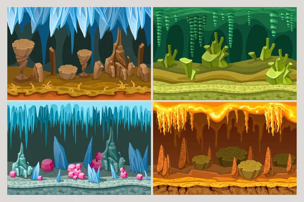 Juego de dibujos animados conjunto de paisajes de cuevas — Vector de stock