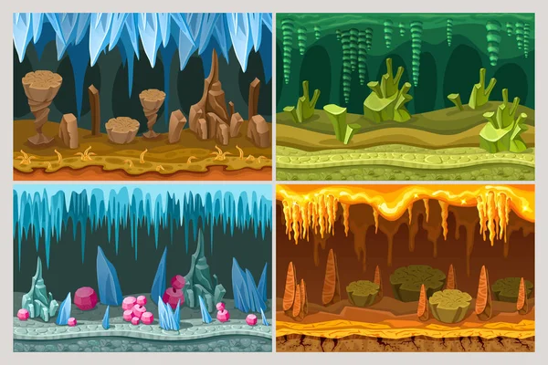 Jogo de desenhos animados Caverna Paisagens Set —  Vetores de Stock