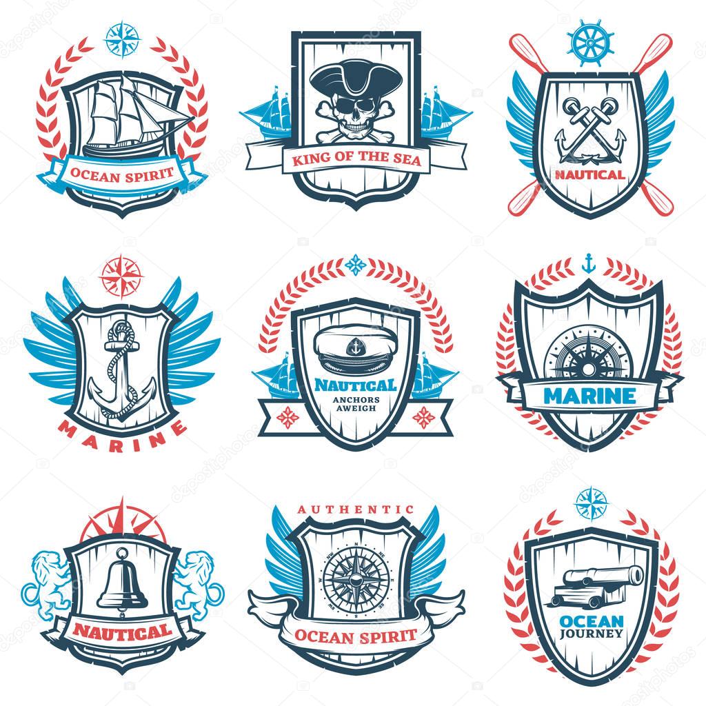 Vintage colored nautical emblems set with marine and sailing elements on heraldic shields isolated vector illustration