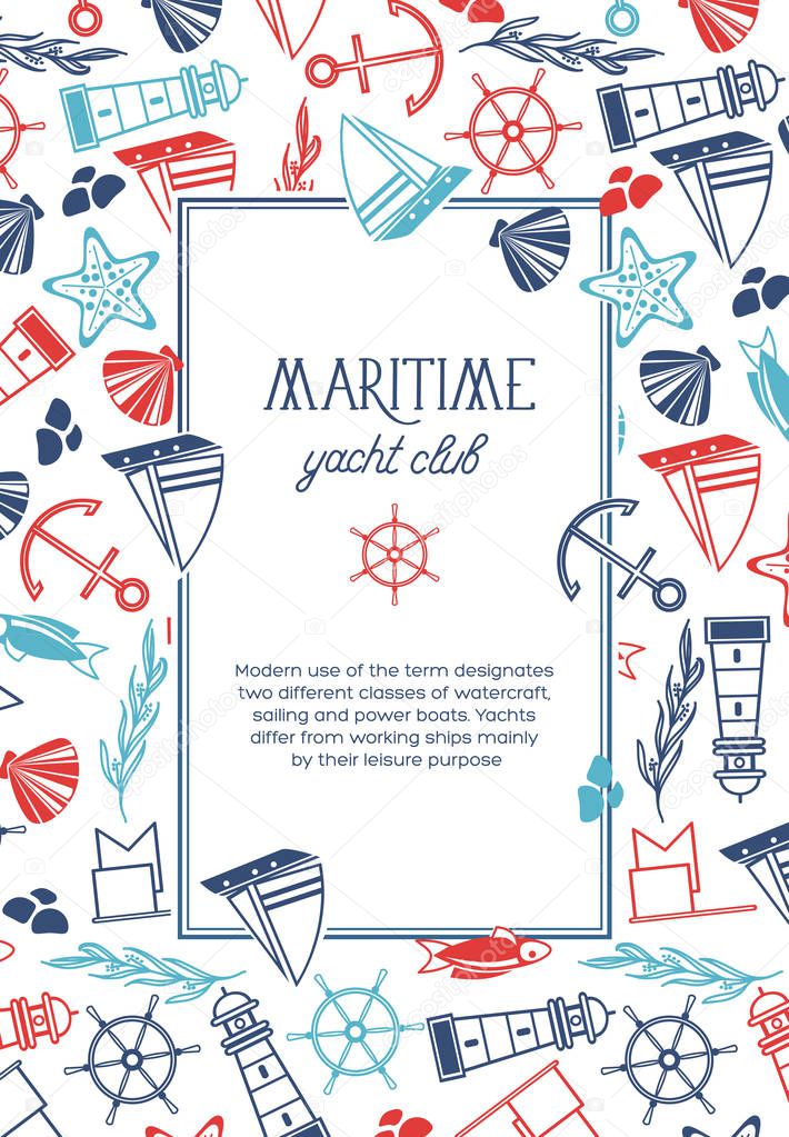 Square yacht club poster divided on two parts where there is  the name of yacht club and many maritime elements such as coquille, seaweed, stones on the white background as a sea vector illustration