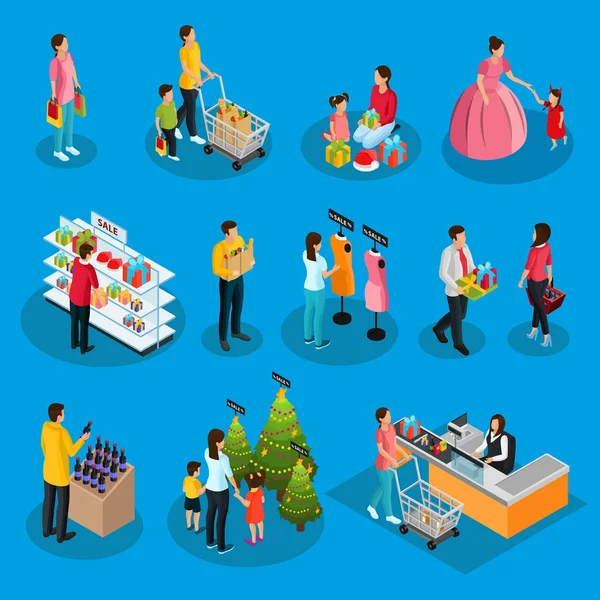 Personas isométricas en el conjunto de compras de vacaciones — Vector de stock