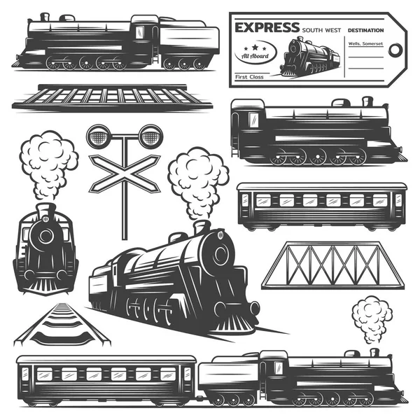 Vintage Monochrome Locomotive Elements Collection — Stock Vector