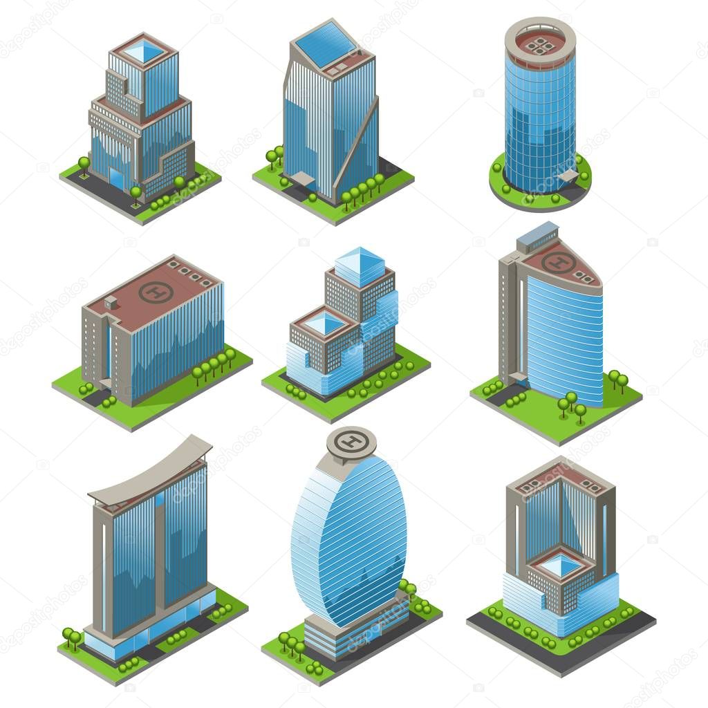 Isometric Urban Office Buildings Set