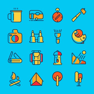 Kamp ve macera çizgi Icon Set