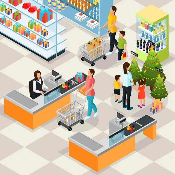 Izometrikus Holiday Shopping fogalmát — Stock Vector